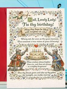 1 Stück, elegante mittelalterliche "Lovely Lady" Geburtstagskarte. Inklusive Umschlag, hochwertiges Kunstdruckpapier. Verzierter Blumenrand & mittelalterliches Textdesign. Perfekt für Frauen - die ideale zeitlose Geburtstagskarte (12cm/4,7in X 17cm/6,7in) - Roter Umschlag - Übersicht 6