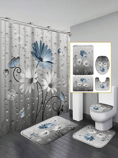 1/3/4pcs Blue Daisy Water Bead Bathroom Set, Home Decoration, Bathroom Curtain, Bathroom Curtains, Shower Curtain Set, Full Set Of Bathroom Supplies, Including Shower Curtain And Floor Mat Set. Multi Sized Shower Curtain Sizes (72in X 72in, 35.4in X 72in, 47.2in X 72in, 59in X 72in) And Matching Sets