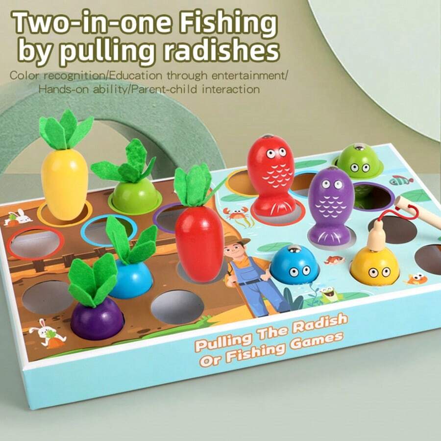 1 Set Children's Interesting Wooden 2-In-1 Toy, Fishing And Carrot Pulling Interactive Game, Educational Toy To Develop Hands-On Ability, Holiday Gift For Kids