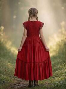 Tween Girl Solid Color Contrast Lace Trimmed Decorative Border One Piece Dress - Burgundy - View 5