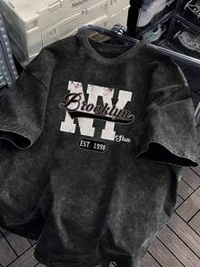 Camiseta con estampado de letras de Brooklyn, Nueva York, holgada y gruesa, 100% algodón puro, lavado retro, top estampado de estilo urbano, llamativo diseño de letras grandes, efecto desgastado, camisa casual de manga corta con cuello redondo. - Negro - Ver 1