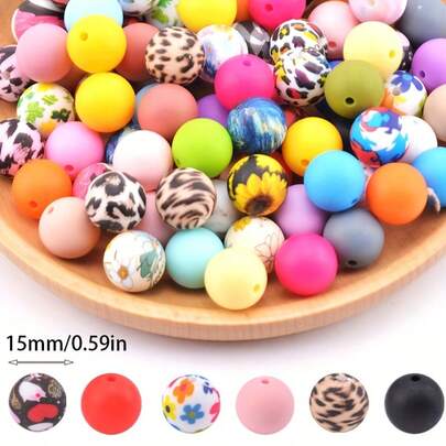 25 piezas Juego de cuentas de silicona redondas y coloridas, cuentas combinadas impresas de 15 mm que incluyen flores, estampado de leopardo, cuadros, corazones, elementos de rompecabezas, adecuadas para crear decoraciones y accesorios únicos, cuentas decorativas, regalo ideal para manualidades, cumpleaños y festividades