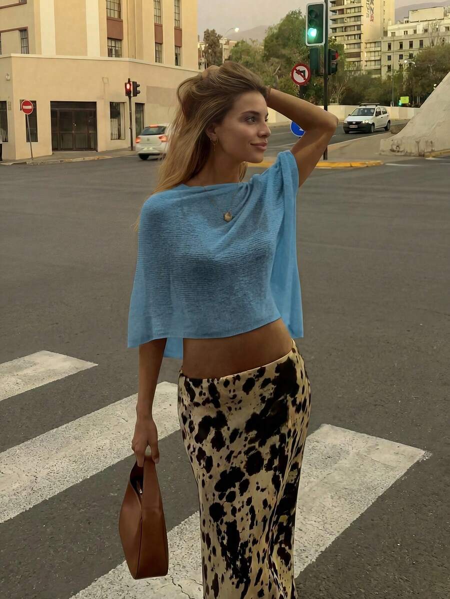 Sylvia 女士夏季纯色镂空蝙蝠袖船领宽松罩衫，轻薄网眼针织面料，防晒百搭，休闲舒适，简约性感，甜美清爽的海滩度假旅行装 - 藍色 - 查看 1