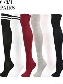 1-6 Pairs Unisex Solid Color Double Stripe Knee High Socks, Casual School Style - Multicolor - View 10