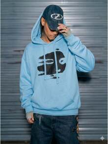 Moletom Canguru Mask Face  Streetwear  100% Algodão Casual Y2k - Azul bebê - Visão 2