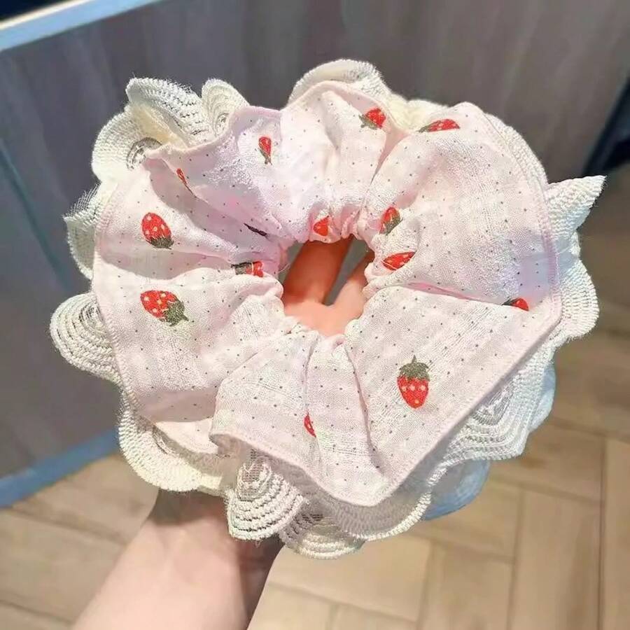 1pc Sweet Blue Plaid Strawberry Cherry Slim Waist Scrunchie For Women, Large Lace Style High Elasticity Hair Rope Hair Accessory - Hồng - Xem 1
