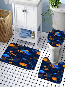 1/4pcs Set Blue Bathroom Accessories, Geometric Pattern Shower Curtain Set, Modern Art Style Shower Curtain With 12 Hooks, Bathroom Rug, Bath Mat And Toilet Mat - A - View 7