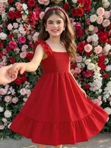 Tween Girl Square Neck Ruffle Sleeve Textured Fabric A-Line Dress - Red - View 1