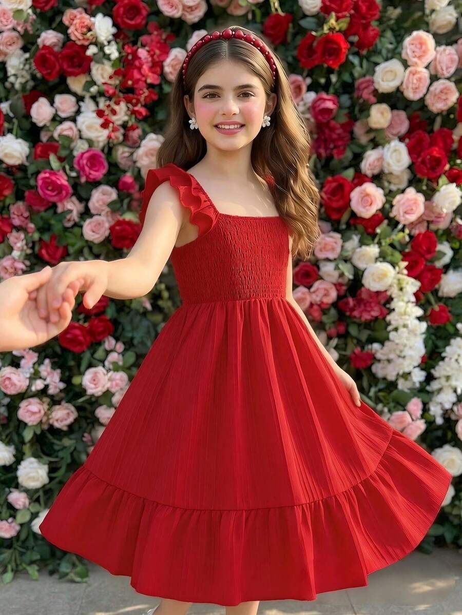Tween Girl Square Neck Ruffle Sleeve Textured Fabric A-Line Dress - Red - View 1
