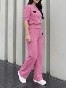 两件套粉色休闲刺绣针织家居服套装，女士夏季优雅装扮 - 粉色 - 查看 5