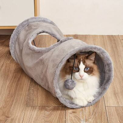 1pc Soft Plush Cat Tunnel - Foldable, With Playful Ball Gate, Suitable For Kittens & Cats, Encourages Natural Hunting Behavior