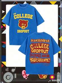 The College Dropout Bear & "KanyeWest THE COLLEGE DROPOUT IN STORES NOW" Graphic Printed Casual Style Men's Casual Wear 230g Washed Cotton Round Neck - 藍色 - 查看 1