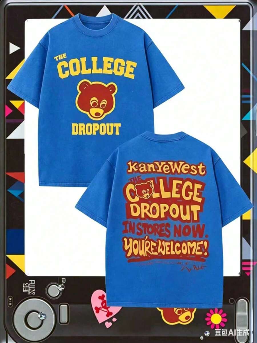 The College Dropout Bear & "KanyeWest THE COLLEGE DROPOUT IN STORES NOW" Graphic Printed Casual Style Men's Casual Wear 230g Washed Cotton Round Neck - 藍色 - 查看 1
