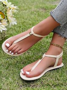 Slim T-Bar Flat Sandals With Ankle Strap & Gold-Tone Buckle - Beige - View 6
