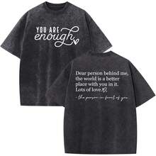 Oversized You Are Enough Shirt For Women Dear Person Behind Me Tshirts Inspirational Positive Acid Wash Graphic Tees - Black - View 1