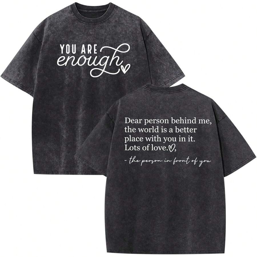 Oversized You Are Enough Shirt For Women Dear Person Behind Me Tshirts Inspirational Positive Acid Wash Graphic Tees - Black - View 1