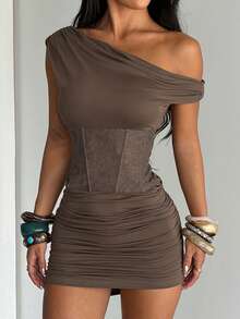 Summer Dress, Waist-Cinching Design Patchwork Women's Elegant Sexy Beach Dress, Women's Independence Day Outfit, Vacation, Date, Party Wear - Brown - View 3