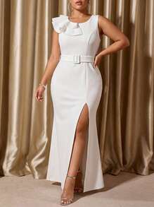 Voworia Asymmetric Ruffle Trim Sleeveless Waist Cinched Slit Hem Evening Gown Party Spring - White - View 1