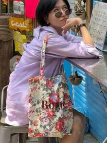 Korean/Japanese Ins-Style Niche Floral Canvas Shoulder Bag, Large Capacity Versatile Commute/Outing/Daily Use Tote Bag For Women/Students - Multicolor - View 5