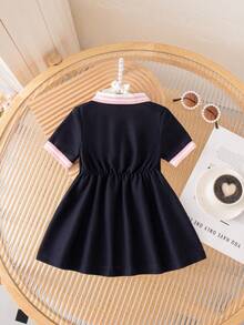 Baby Girls' Summer New Cute Bow Embroidered Colorful Striped Lapel Polo Collar A-Line Casual Dress, Suitable For Outdoor Wear - Royal Blue - View 4