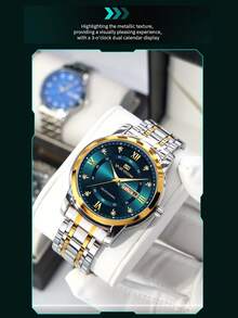 VA VA VOOM 1 Stück elegante Herren Edelstahl Armbanduhr, Uhr mit Strass-Skala Farbverlauf Zifferblatt für Männer, Woche+Kalender Fenster, wunderschöner Stil Herren Uhr, geeignet als Urlaubsgeschenk - Einheitsgröße - Übersicht 5
