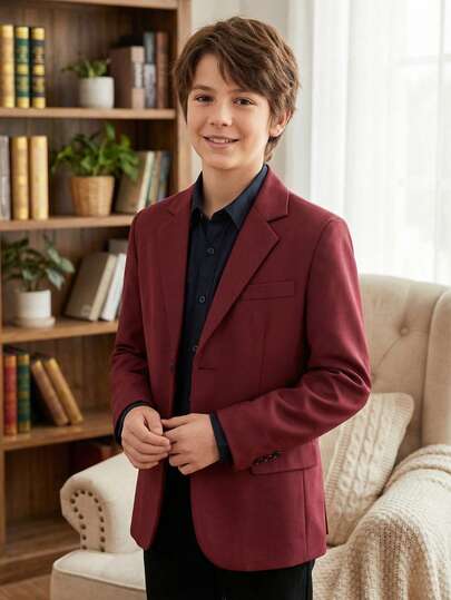 Boys' Formal Blazer Jacket, Button-Up Lapel Suit, Burgundy Color, Size 6-16 Years