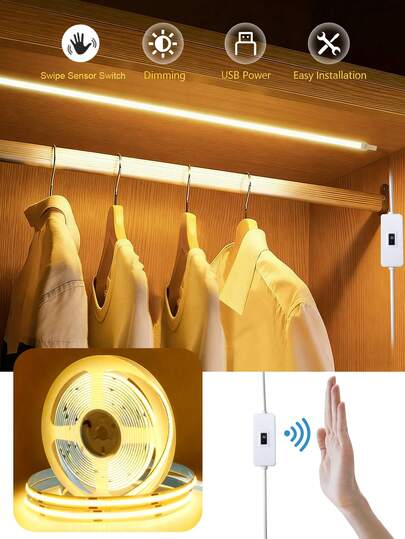 Dải đèn LED COB - Cấp nguồn USB, Tự dính & Có thể cắt, Điều khiển cảm ứng - Nhấn giữ để điều chỉnh độ sáng, 3 mức nhiệt độ màu, Thích hợp cho tủ, chiếu sáng nhà bếp, đèn nền TV, trang trí phòng ngủ nhà cửa DIY