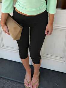 Women's Fold Over Capri Pants Elastic Low Waist Knee Length Stretch Tight Sold Color Yoga Pants Women Fold Over Capri Pants Low Rise Knee Length Stretch Yoga Leggings Y2k Going Out Crop Ruched Pant Streewear - 黑色 - 查看 2