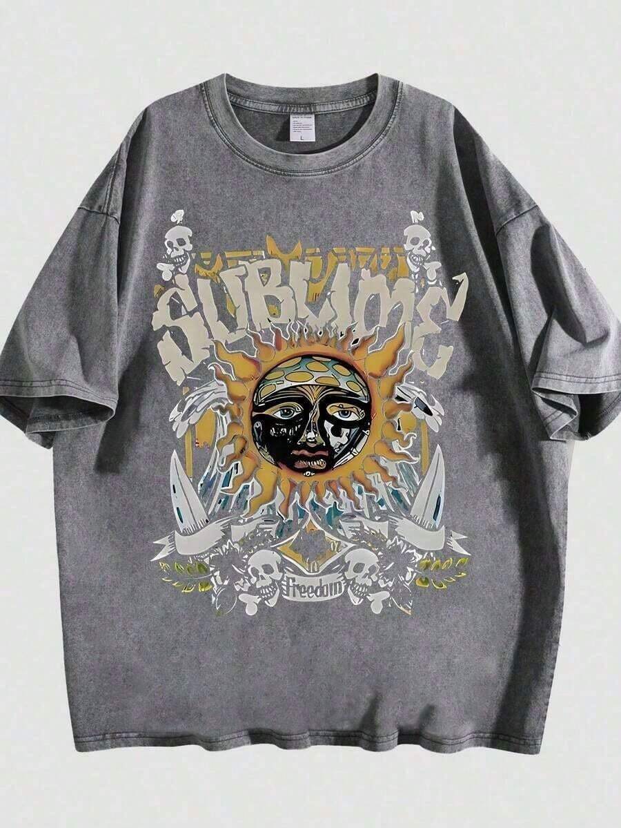 Unisex Sublime Band Sun Face Skull Print Graphic T-Shirt, Vintage Washed 100% Cotton Oversized Crew Neck Short Sleeve Tee, Retro 90s Rock Band Loo - 灰色 02 - 查看 1
