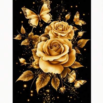 1件大尺寸30x40厘米（11.8x15.7英寸）/40x50厘米（15.7x19.7英寸）成人无框手工5D方形/圆形钻石画套装，金色玫瑰图案，合成钻石水钻马赛克画，钻石艺术套装，家居装饰办公室墙面艺术品