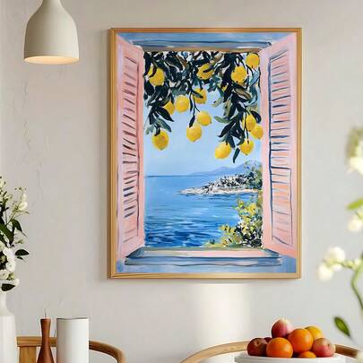 1pc Abstract Coastal Lemon Wall Art, Open Window Print, Modern Exhibition, Mediterranean Window View Printable Art, Coastal Lemon Tree Wall Decor, Italian Seaside Landscape Poster, Festival Gift, The Ideal Gift For Friends, Bedroom Art Print, Living Room Decor, Office Decor, Kitchen Decor, Bathroom Decor, Wall Arts, Wall Decor, Home Decor, Room Decor, Canvas Wall Art, Posters, Wall Art With Frame, Optional Frame ﻿ ﻿ ﻿