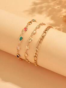 3pcs/Set Fashionable Designed Bracelet Set, Versatile Plain Chain Combination Jewelry Suitable For Women's Daily Wear And As Elegant Gift, Handmade Chains Customized In Random Length And Bead Quantity - Multicolor - View 3