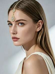 1pc Elegant Women's Crystal Headchain, Fashionable Bridal Forehead Chain For Party & Daily Wear - Gold - View 2