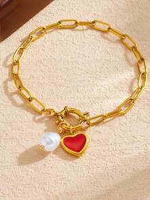 1件 时尚简约红色滴油心形仿珍珠吊坠 圆形弹簧扣不锈钢链 镀金手链 - 紅色 - 查看 2