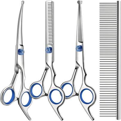 طقم مقصات تجميل محترفة للكلاب والقطط 4 في 1، تشمل مقصات ذات طرف مستدير آمن، حادة ومتينة، مقصات تجميل للكلاب بأشكال مستقيمة وملتوية وخفيفة مع مشط - مستلزمات حيوانات أليفة عالية الجودة
