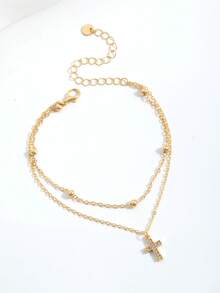 1pc Fashionable Elegant Gold Oval Bead Cross Pendant Anklet Set, Suitable For Beach, Party, Holiday (Oval Bead Quantity Random) - Gold - View 2