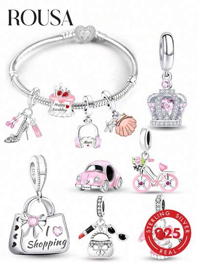 1 Stück 925 Sterling Silber romantischer Reise-Perlenanhänger, Strass-Anhänger, geeignet für Armband-DIY, essentiell für Schmuckherstellung von Frauen