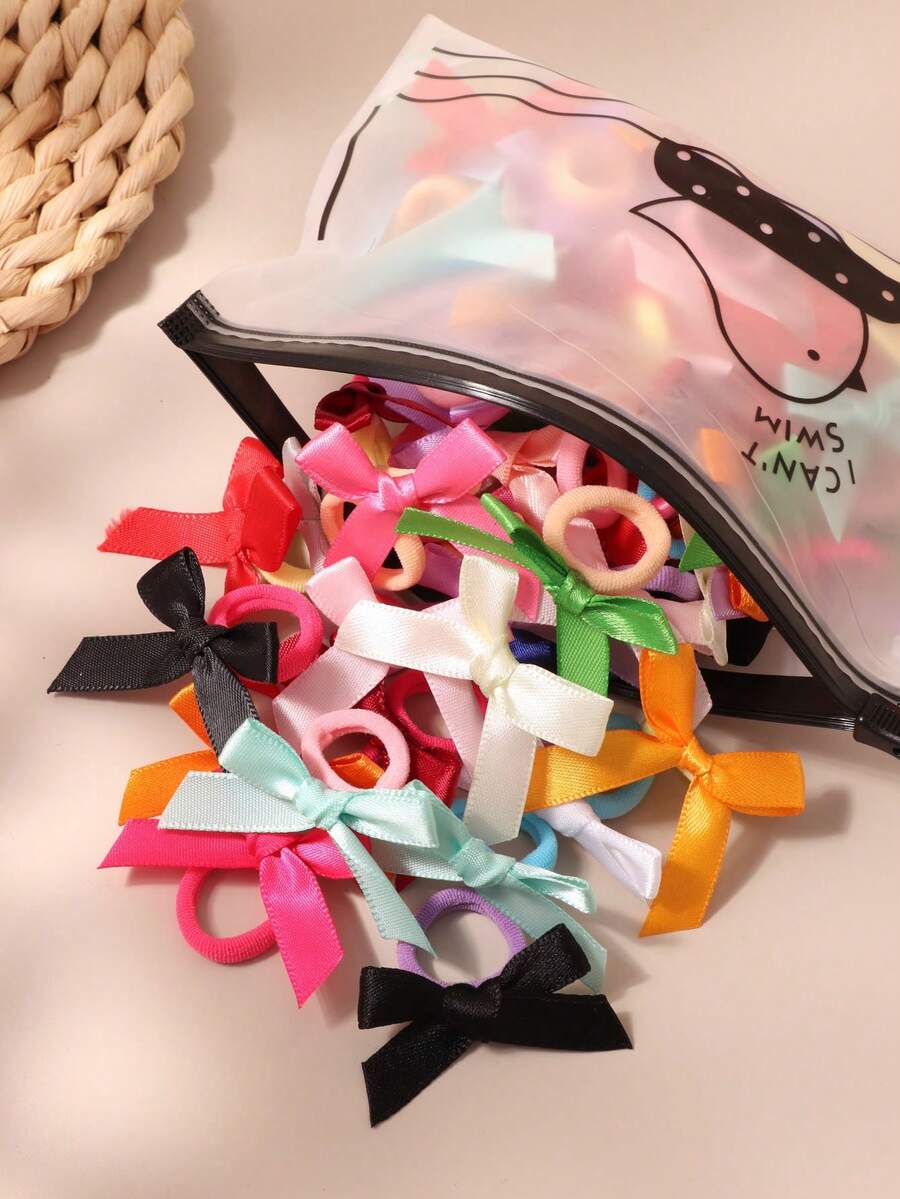 10/20/30个装基础纯色蝴蝶结发圈,可爱卡通发绳,颜色和款式随机,节日、派对适用 - 彩色 - 查看 1