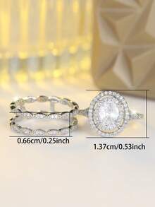 Vanel 1 Set Elegante Anillo de Novia Ovalado con Halo de Circonita Cúbica Plateada para Mujeres, Anillo de Compromiso Declarativo, Joyería de Moda, para Uso Diario y Boda - blanco plateado - Ver 5