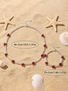 Bộ 2 món trang sức vòng tay và dây chuyền hạt thủy tinh hình quả anh đào dễ thương, thời trang, thích hợp cho phụ nữ đeo hàng ngày, quà tặng Ngày của Mẹ, quà tặng bạn thân, quà nghỉ hè, quà đi biển. - Nhiều màu - Xem 3