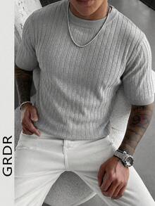 GRDR Men's Summer Ribbed Crew Neck Short Sleeve Knit Sweater, Suitable For Summer Outings, Essential For Fashionable Styling - Light Grey - View 3