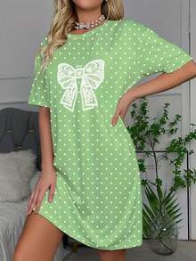 女款休閒波點印花蝴蝶結四季洋裝，休閒女款短袖圓領T恤睡裙－女款居家服 - 綠色 - 查看 3