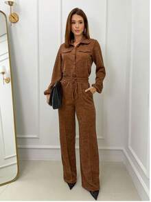 Autumn-Winter Ribbed Knit Set - Versatile And Comfortable, Elegant Party, Office - Rust Brown - View 1