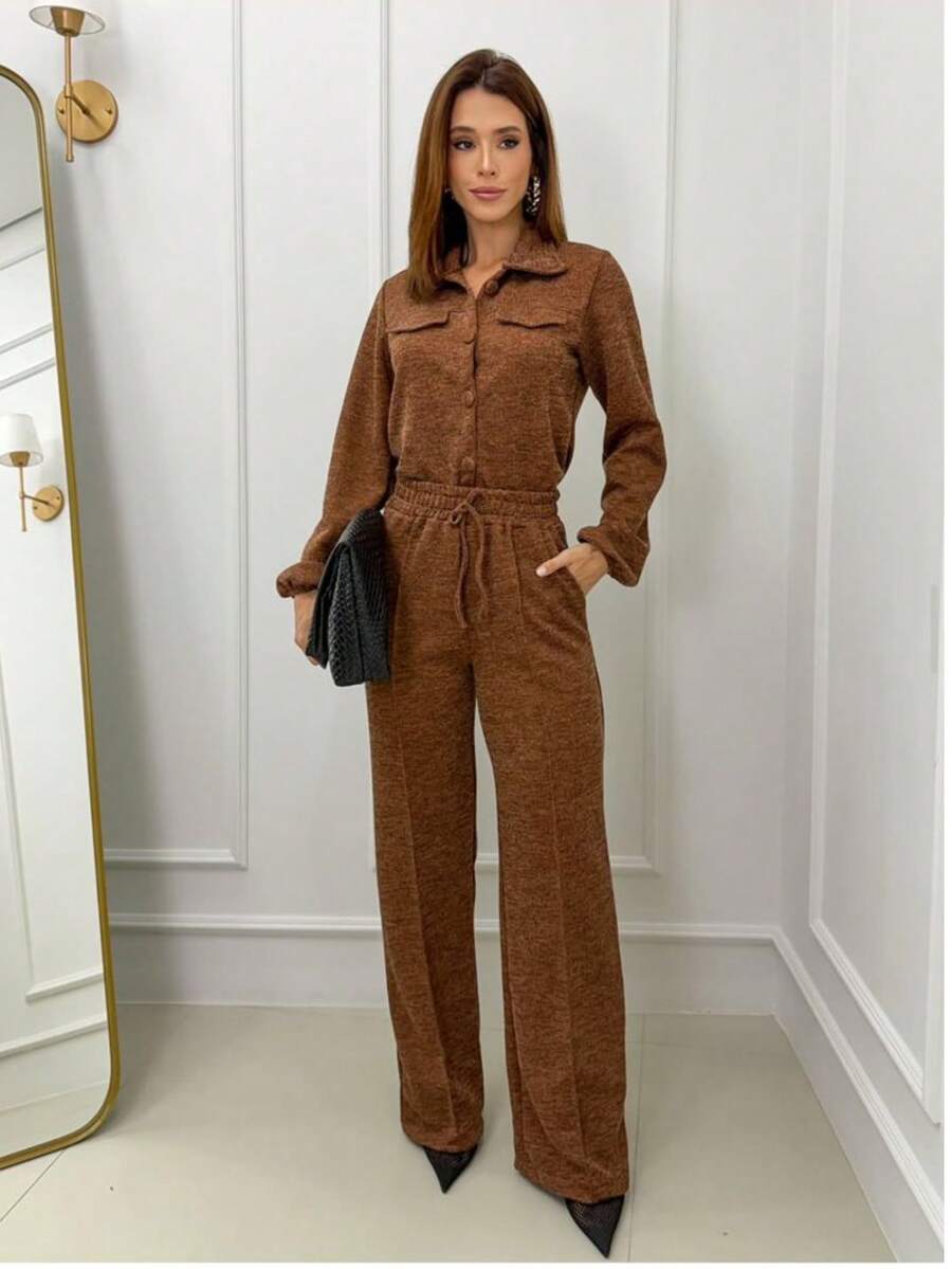 Autumn-Winter Ribbed Knit Set - Versatile And Comfortable, Elegant Party, Office - Rust Brown - View 1