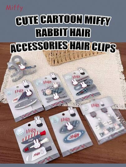  Bộ kẹp tóc MIFFY 2026 kiểu Hàn Quốc mới, màu xám đỏ sọc, họa tiết kẻ caro, nơ cài ngọc trai, kẹp mỏ vịt, thiết kế hình thỏ Miffy hoạt hình dễ thương, kẹp lớn và ghim cài tóc mái, phụ kiện tóc kiểu Nhật Bản cổ điển họa tiết kẻ caro với mặt dây chuyền acrylic.