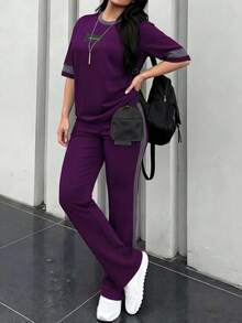 2pcs Women's Spring/Autumn Round Neck Short Sleeve T-Shirt And Elastic Waist Loose Pants Set, Casual Daily Wear Summer - Dark Purple 64 - View 4