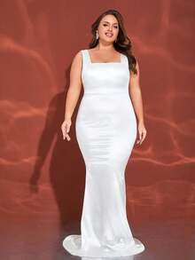 Vestido formal de satén blanco sin mangas de cuello cuadrado para boda y fiesta para mujer de talla grande - Blanco - Ver 2