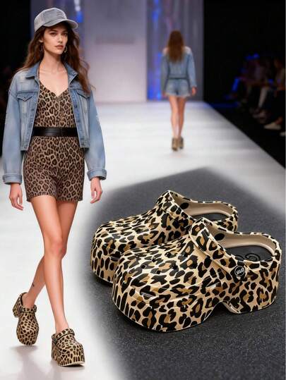 豹纹超高跟镂空凉鞋，时尚舒适，防滑防臭，厚实柔软鞋底，夏季露趾EVA厚底拖鞋