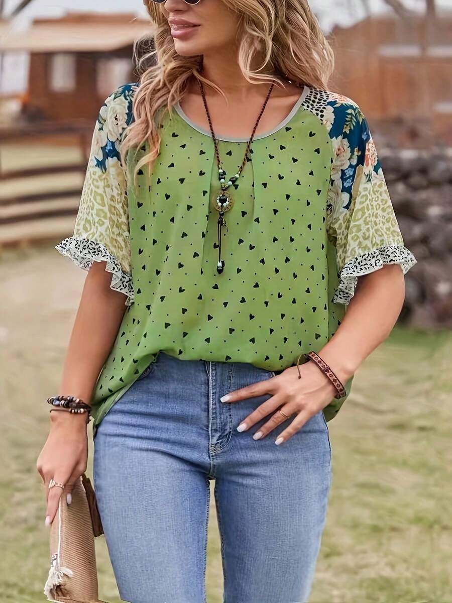 New Elegant Casual Plus Size Women Ruffle Patchwork Heart Print Flare Sleeve Fashion Daily Vacation T-Shirt, Spring/Summer - Green - View 1