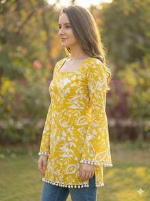 Estationeryhouse Cotton Printed Kurta Top, Long Sleeves, With White Tassels And Drawstring For Adjusting At Back - Yellow - View 5